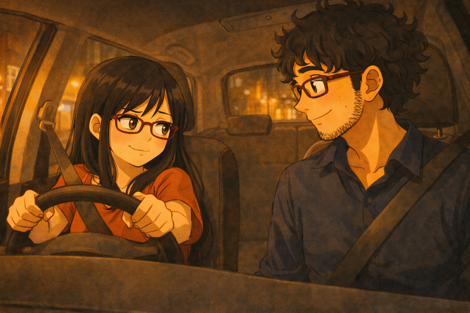 Interior of the silver Myvi at night — Mia glancing sideways with a playful expression, Faris caught off guard. The car feels like a small, safe room.